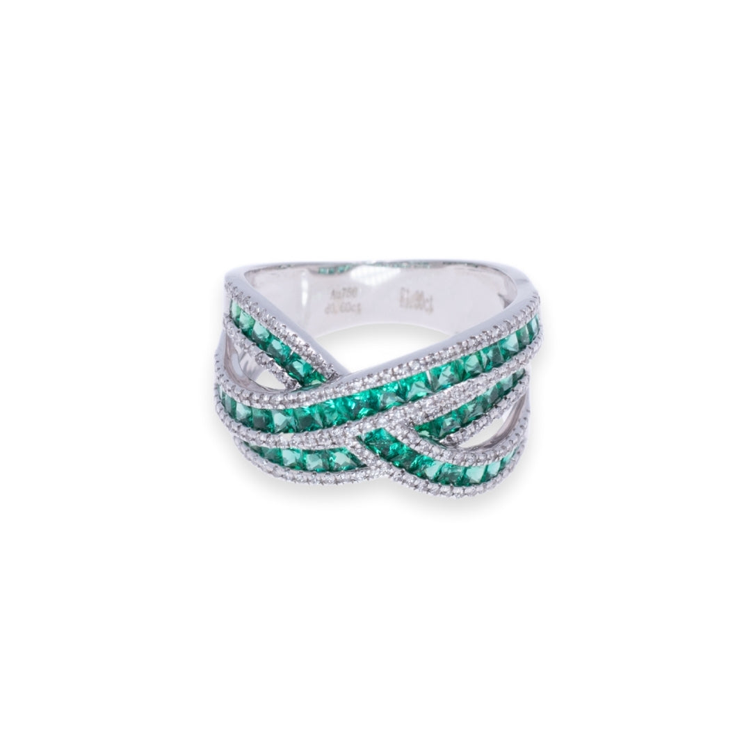 Cross Over Round & Princess 1.3ct Emerald & Diamond Ring