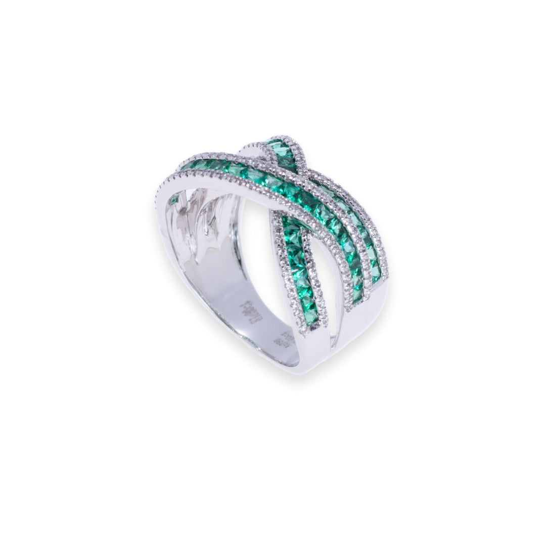 Cross Over Round & Princess 1.3ct Emerald & Diamond Ring