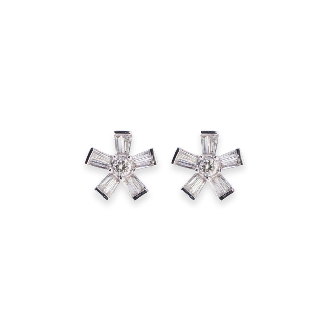 Flower Round & Baguette 0.431ct Diamond Earrings