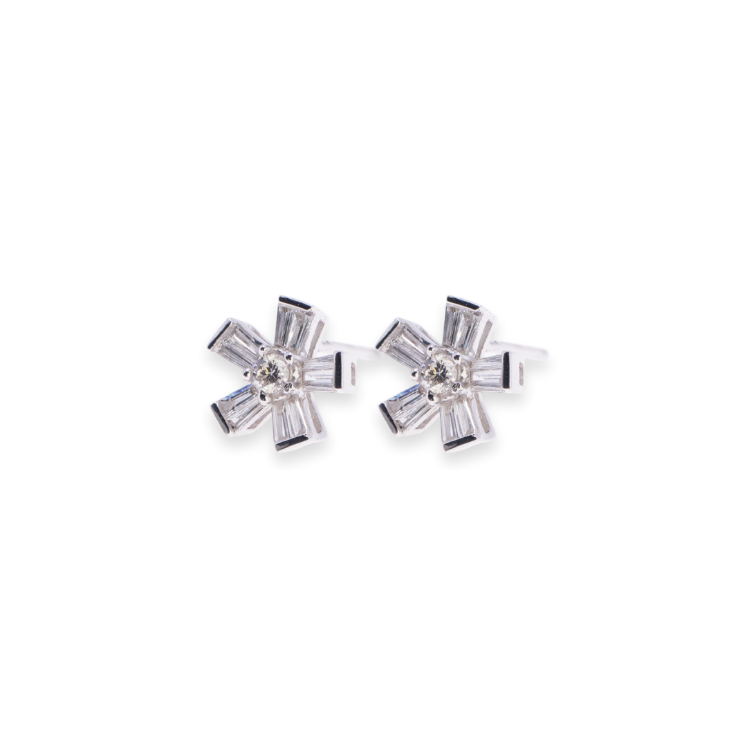 Flower Round & Baguette 0.431ct Diamond Earrings