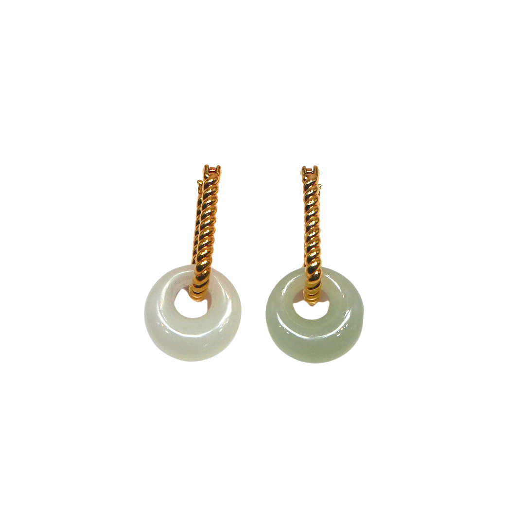 18K Yellow Gold Twisted Hoops Jade Earrings