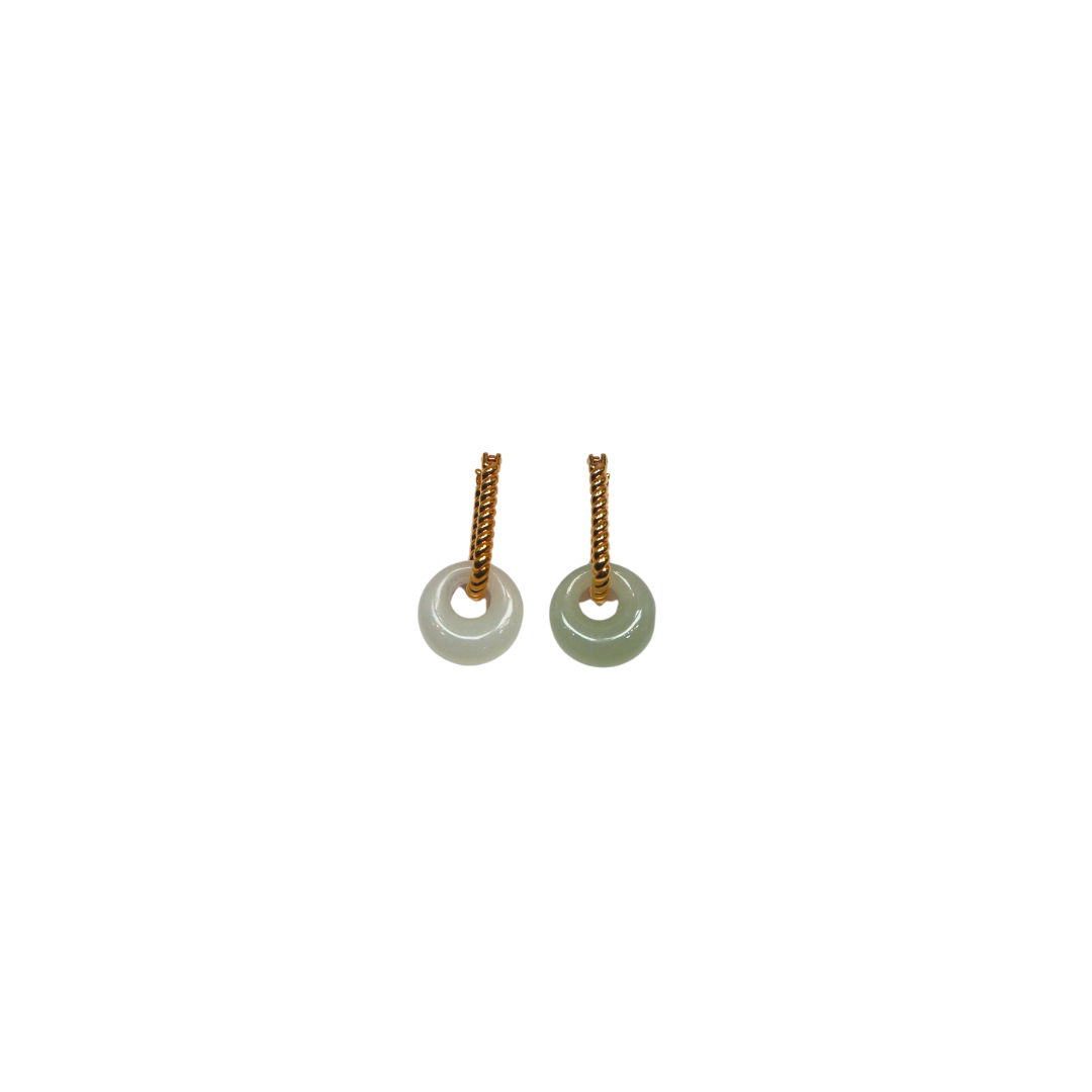 18K Yellow Gold Twisted Hoops Jade Earrings