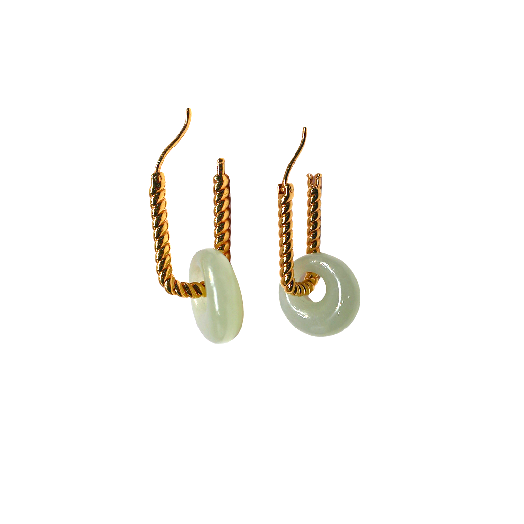 18K Yellow Gold Twisted Hoops Jade Earrings