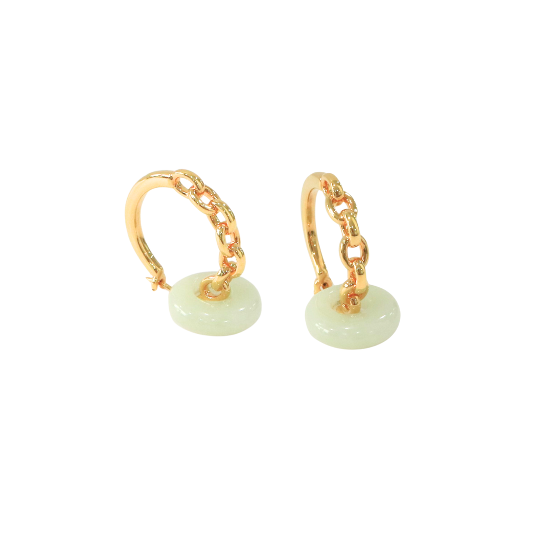 18K Yellow Gold Chain Hoops w/ Jade Earrings