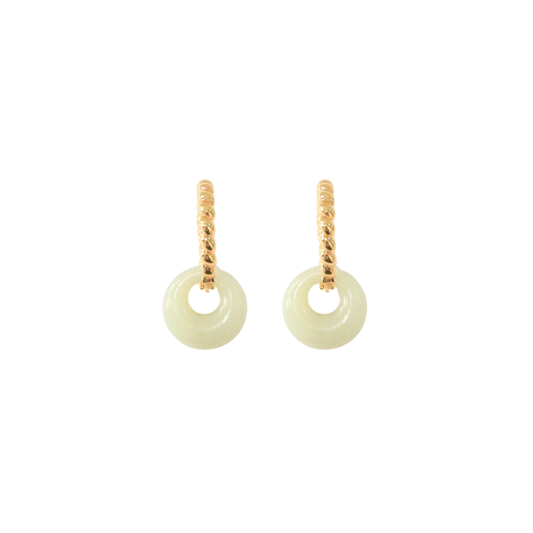18K Yellow Gold Twisted Round Hoops w/ Jade Earrings