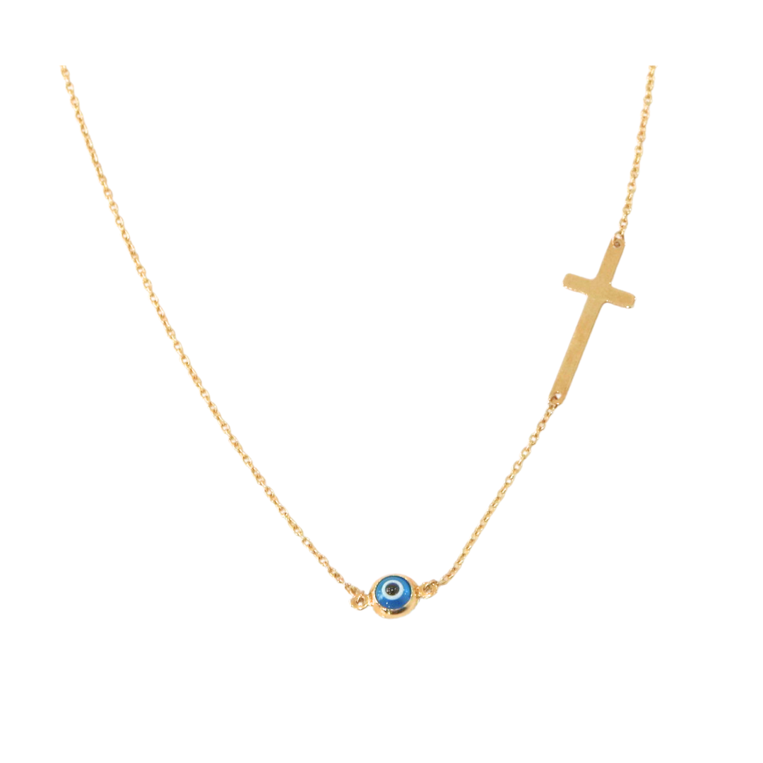 14K Yellow Gold Evil Eye with Cross Necklace