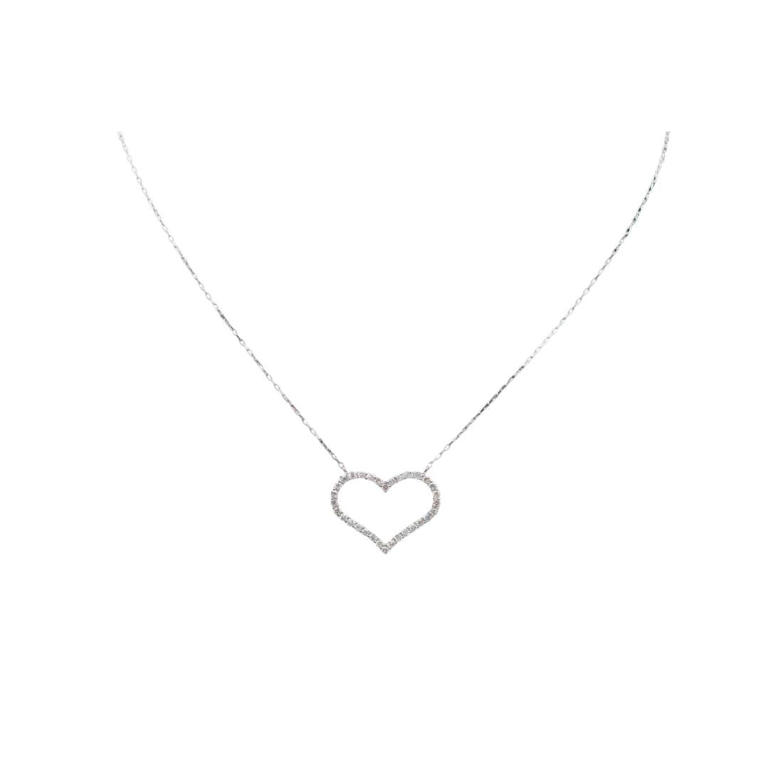 18K White Gold Open Heart Round 0.25ct Diamond Necklace