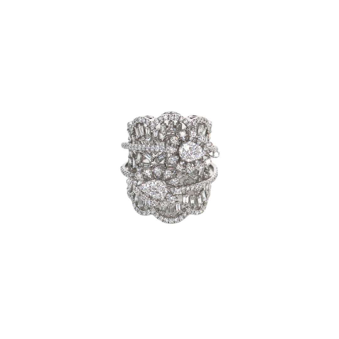 18K White Gold Power Round & Baguette 3.79ct Diamond Ring